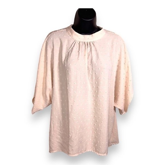 1X PASTEL PINK DOT TEXTURE BLOUSE MOCK NECK HALF SLEEVE - Picture 1 of 10